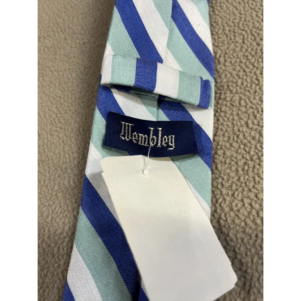 Wembley Green‎ Blue White Striped Tie Men's Silk/Linen Blend Necktie 59.5